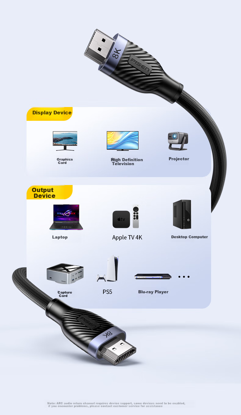 Кабель PISEN HDMI 2.1, 8K 60Hz, 4K 240Hz, для подключения ноутбуков к телевизорам, мониторам, проекторам, длина 1 метр