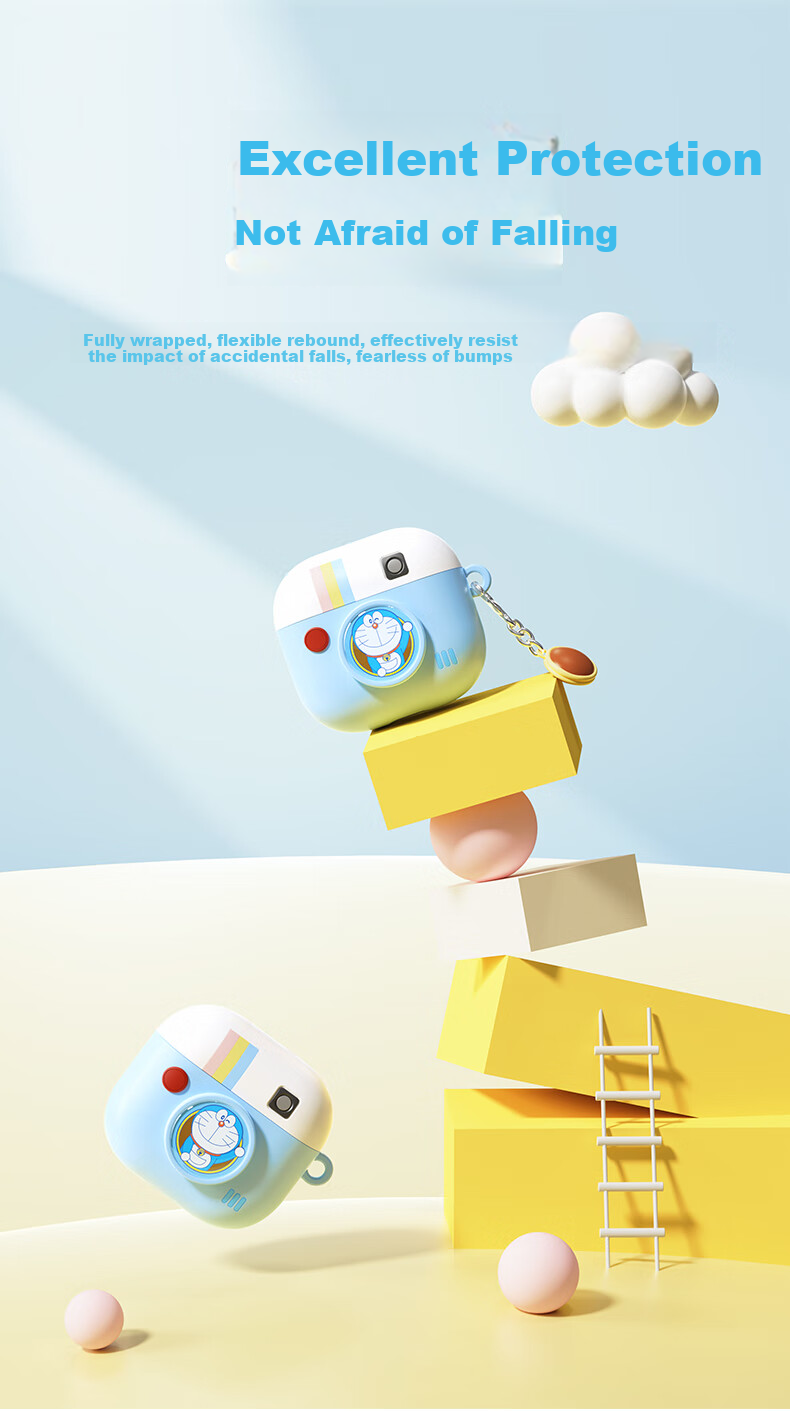 Чехол для наушников ROCK Doraemon для Apple AirPods 4, силиконовый, защитный, противоударный, с принтом "Ретро камера"