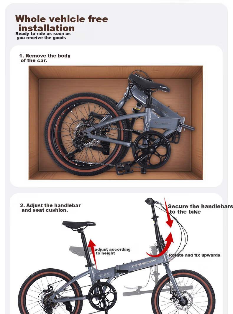 Phoenix Складной велосипед для взрослых, алюминиевая рама, 7 скоростей Shimano, не требует сборки, портативный, 20-дюймовые колеса