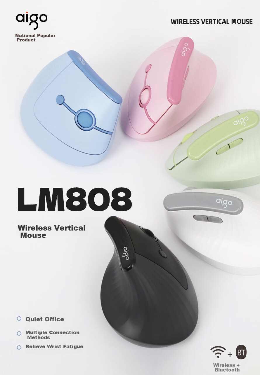 Беспроводная вертикальная мышь aigo LM808, эргономичная, бесшумная, для офиса, ноутбука, компьютера, Moonlight