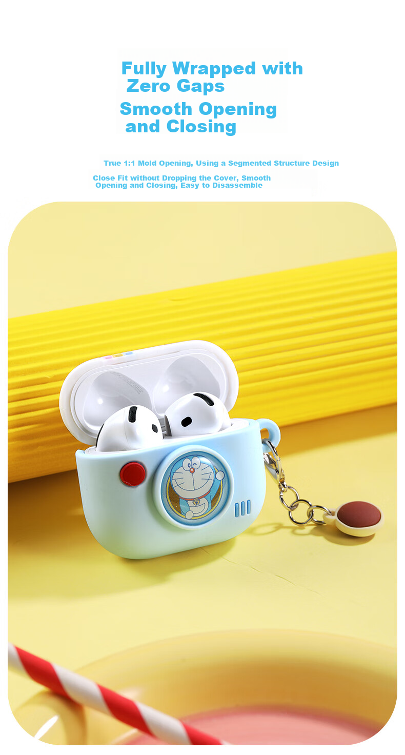 Чехол для наушников ROCK Doraemon для Apple AirPods 4, силиконовый, защитный, противоударный, с принтом "Ретро камера"