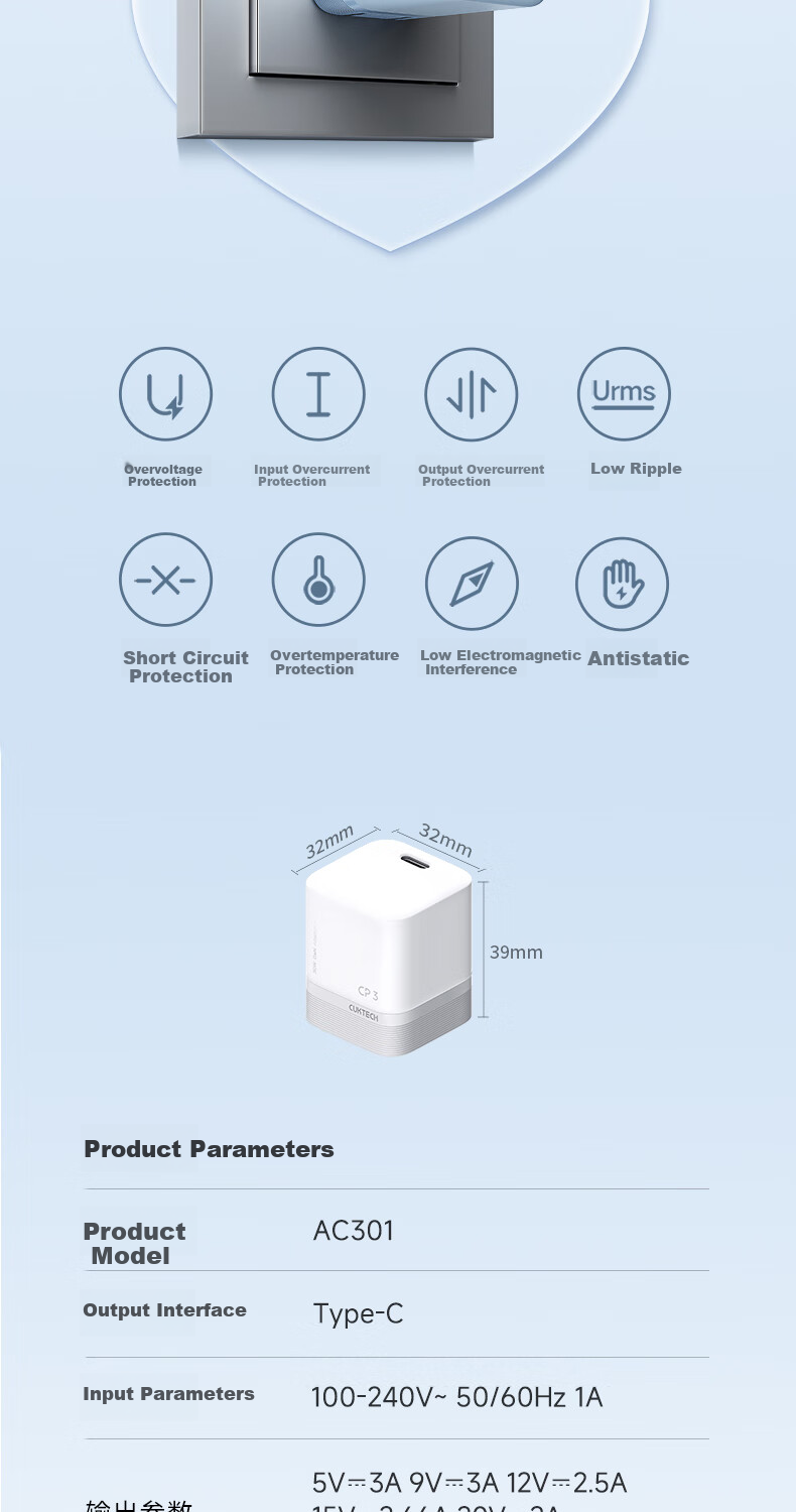 Зарядное устройство CUKTECH Kuotai Ke 40W GaN, Type-C, быстрая зарядка, белое