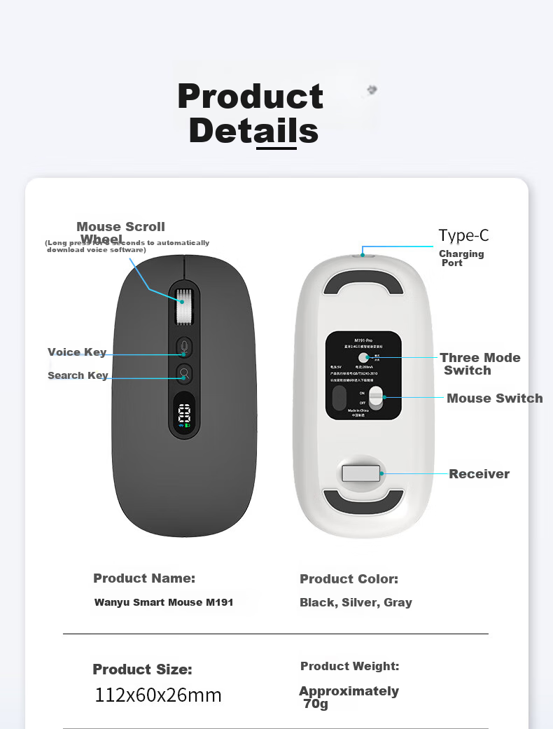 VENFISH AI Smart Voice Mouse, беспроводная Bluetooth-мышь с цифровым дисплеем, перезаряжаемая, серая