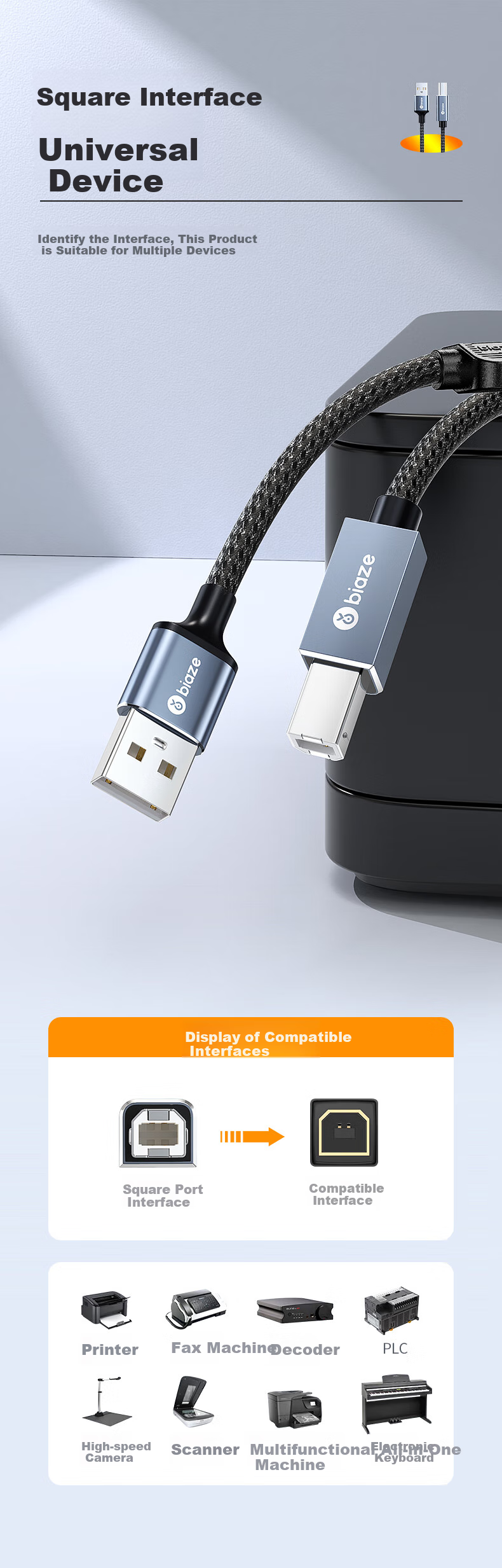 Кабель BIAZE USB 2.0 AM/BM для принтера, 12 метров, с усилителем сигнала
