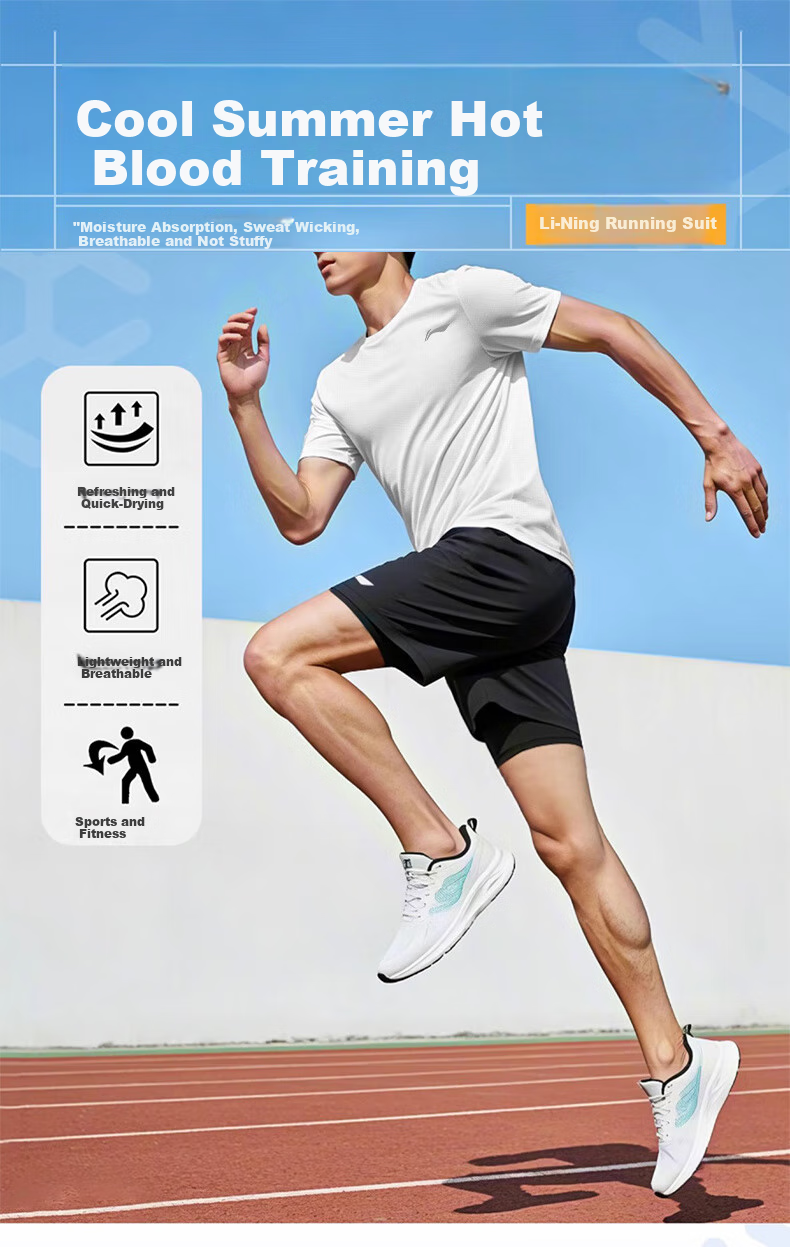 Костюм спортивный мужской Li-Ning, летний, для бега и фитнеса, с коротким рукавом и шортами, размер XXL, черный