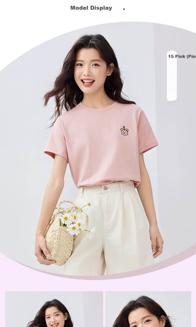 Женская футболка Giordano с коротким рукавом, летняя, 100% хлопок, с вышивкой милого животного, круглый вырез, модель 13325324