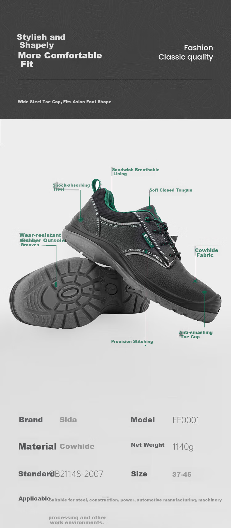 Рабочая обувь Shida Safety Shoes, мужская, кожаная, с защитой от проколов и ударов, нескользящая, модель FF0001, размер 39