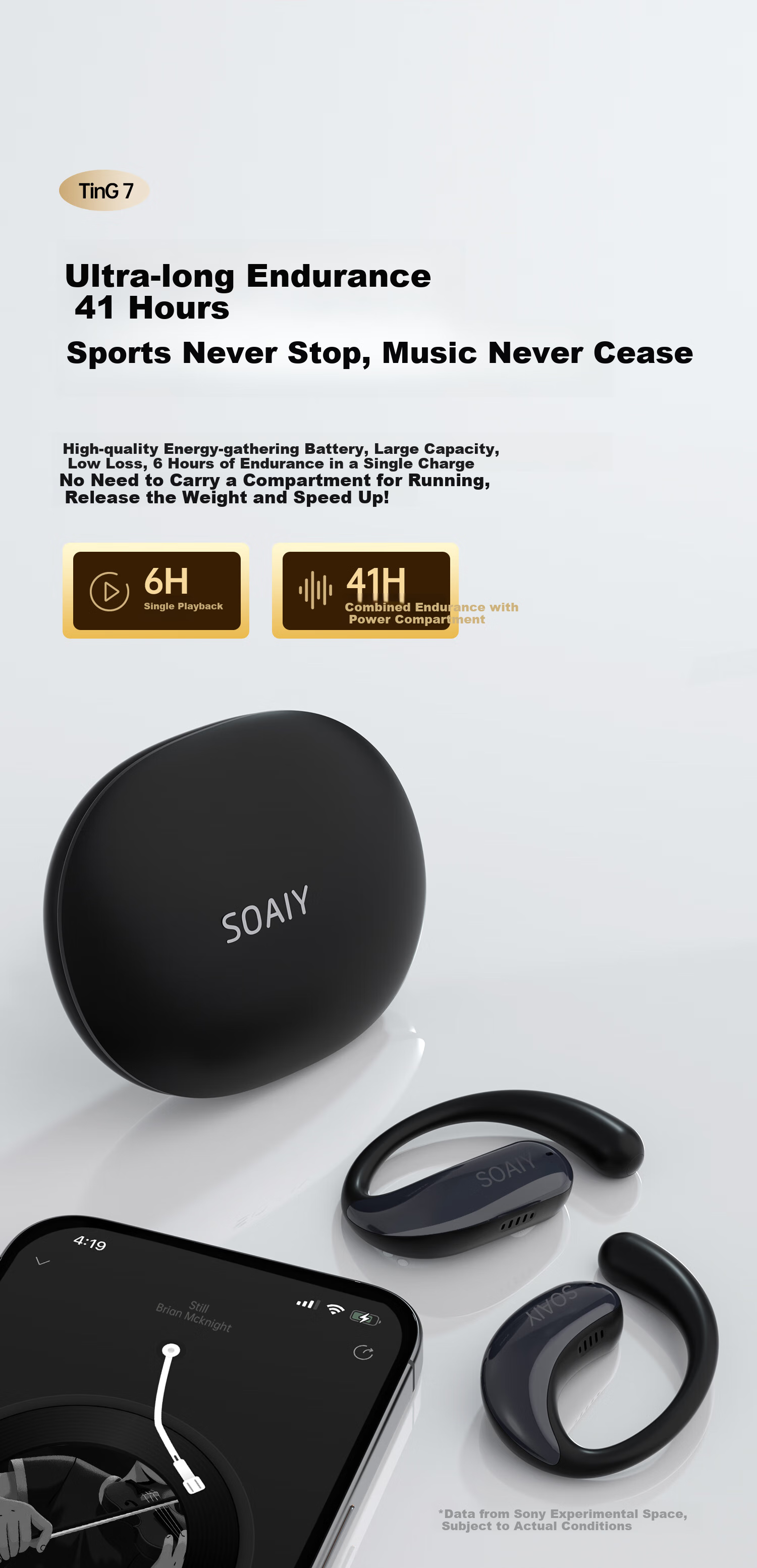 Беспроводные наушники Soaiy Ting 7 с открытым ухом, Bluetooth 6.0, True Wireless, шумоподавление, длительное время работы, черный