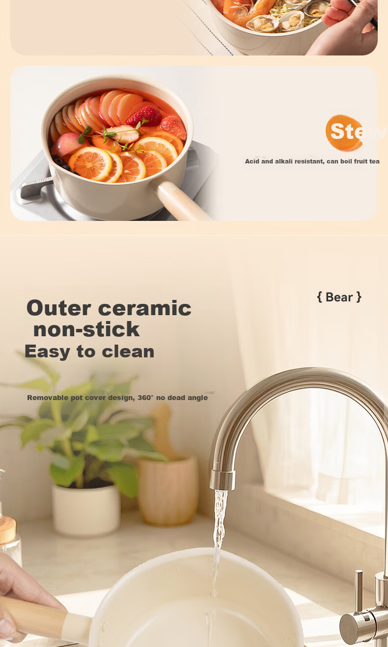 Кастрюля-молоковарка Bear Ceramic Non-Stick, 18 см, с антипригарным покрытием, для детского питания, супа, молока, универсальная для плиты