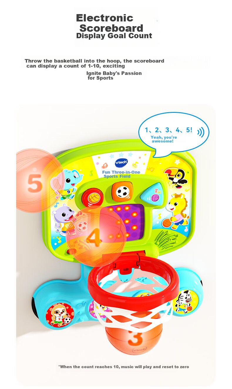 Игрушечный спортивный центр VTech «3 в 1», баскетбольное кольцо, ворота для футбола, подарок для мальчика или девочки от 1 года