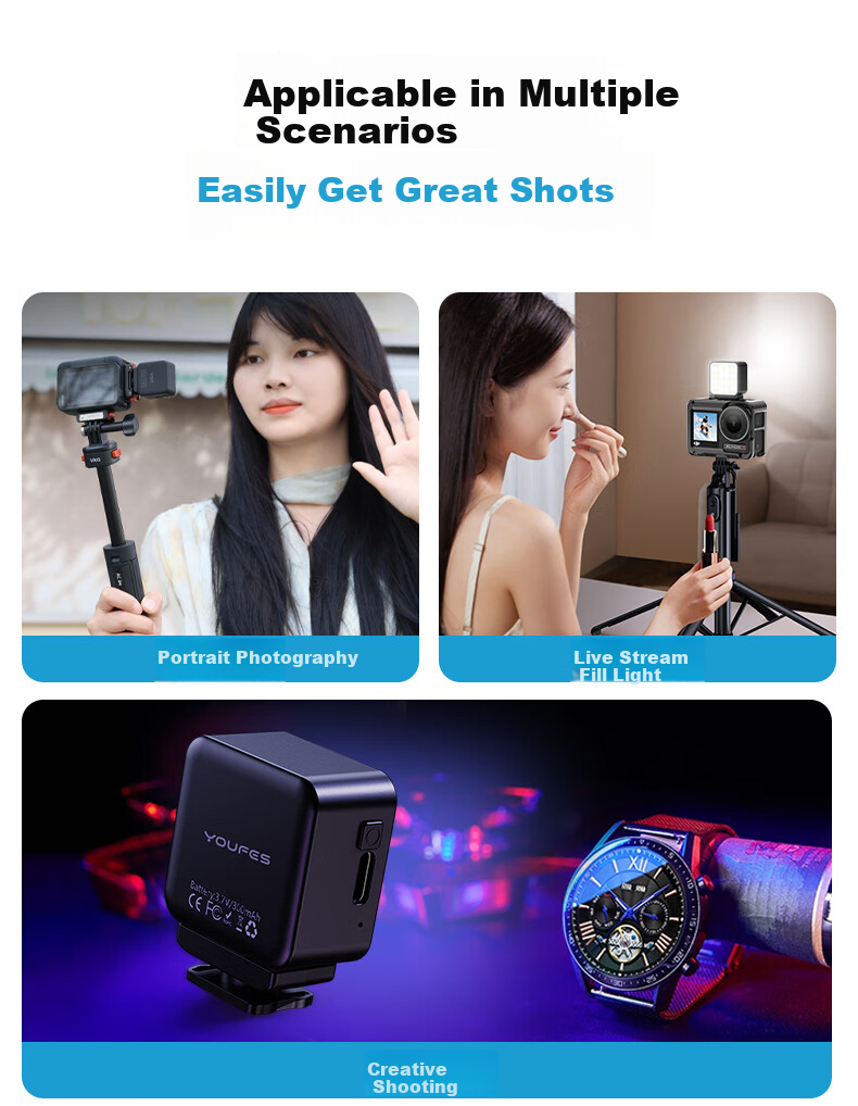 Магнитный заполняющий свет YOUFES для экшн-камер DJI, портативный светодиодный карманный свет для фотографии, прямых трансляций, селфи