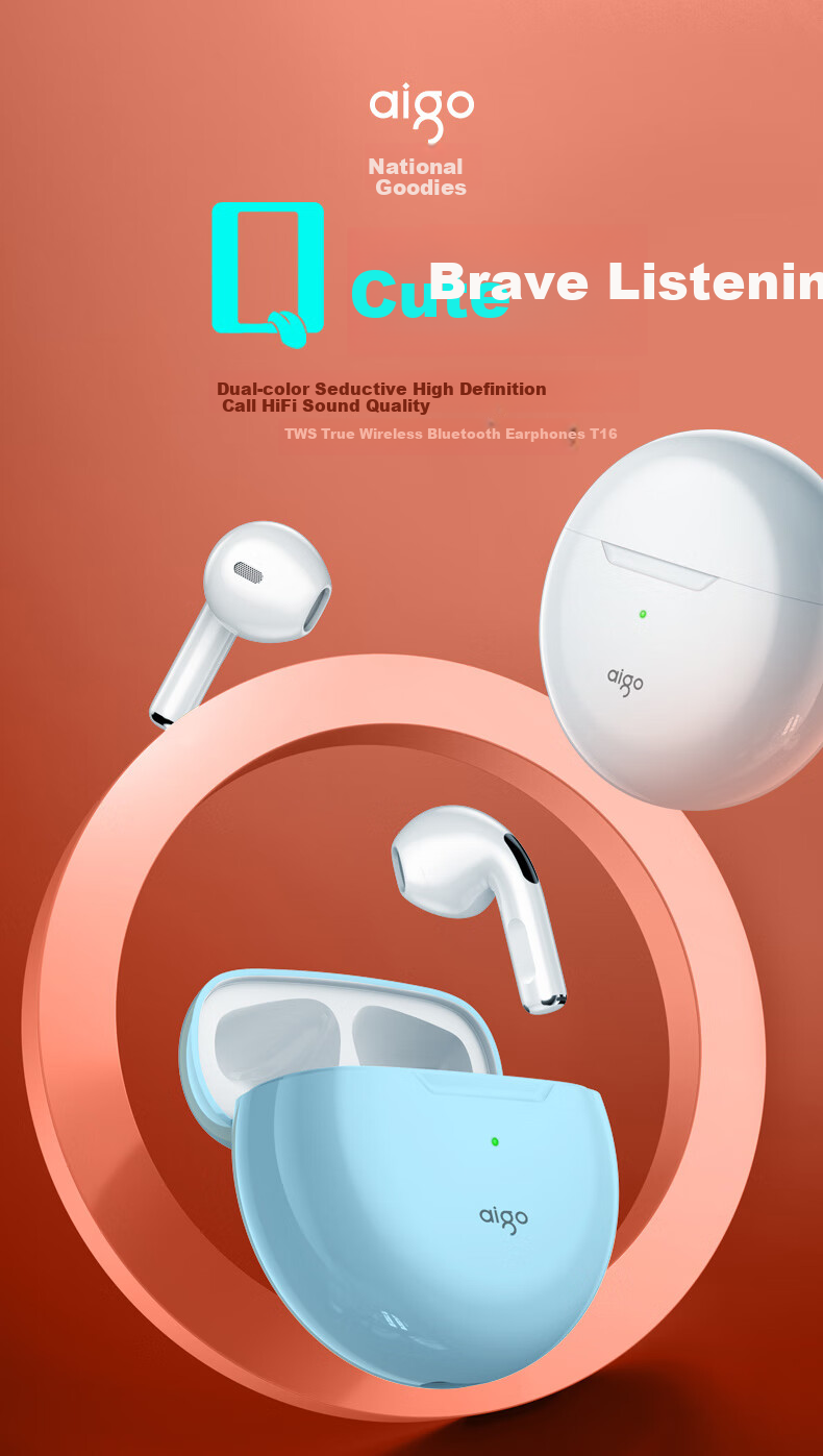 Беспроводные наушники Aigo True Wireless Bluetooth, полувкладыши для игр, спорта и бега, совместимы с Apple Xiaomi Android