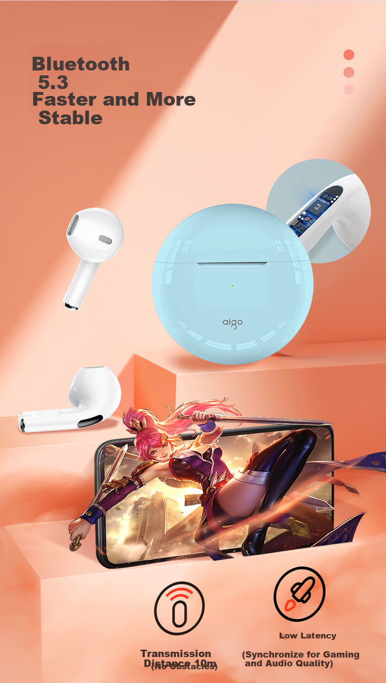 Беспроводные наушники Aigo True Wireless Bluetooth, полувкладыши для игр, спорта и бега, совместимы с Apple Xiaomi Android