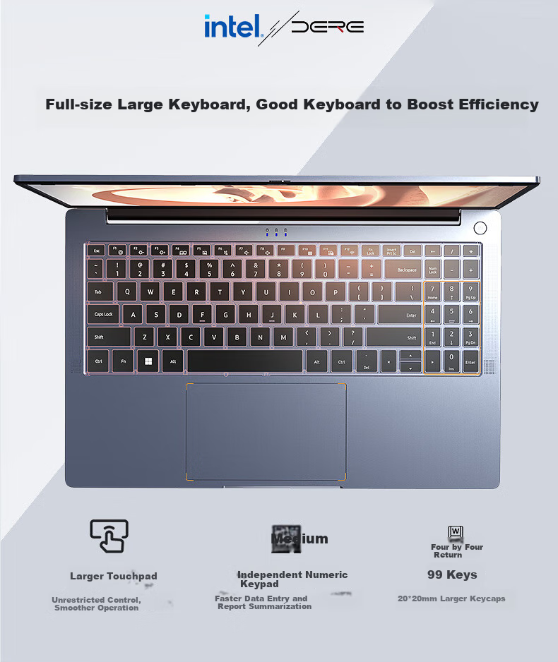 Ноутбук DERE R16 Pro, 15.6", Intel Celeron, 16 ГБ ОЗУ, 512 ГБ SSD, Windows 11, глубокий серебристо-серый