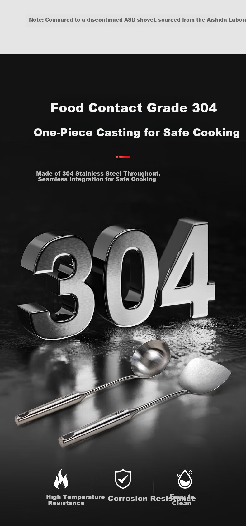 Лопатка кухонная Aishida из нержавеющей стали 304, с вакуумной ручкой, для домашней готовки, вока, сковороды из нержавеющей стали, без покрытия