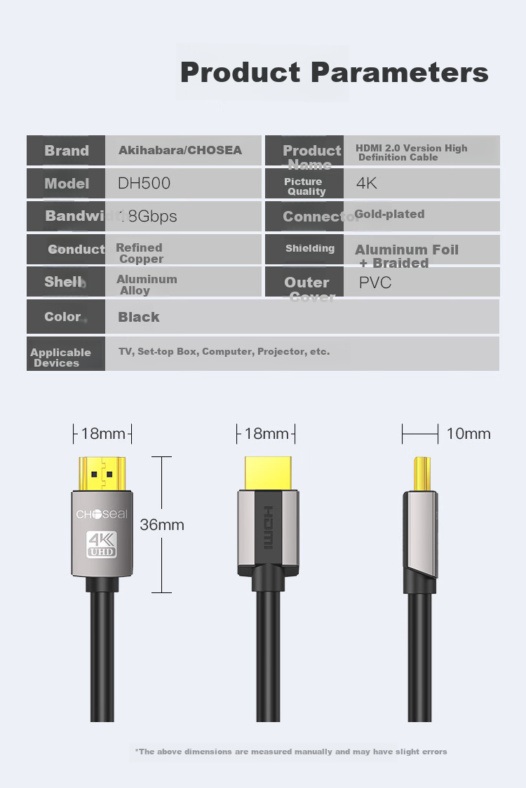 Кабель CHOSEAL DH500 HDMI 2.0, 8 метров, черный