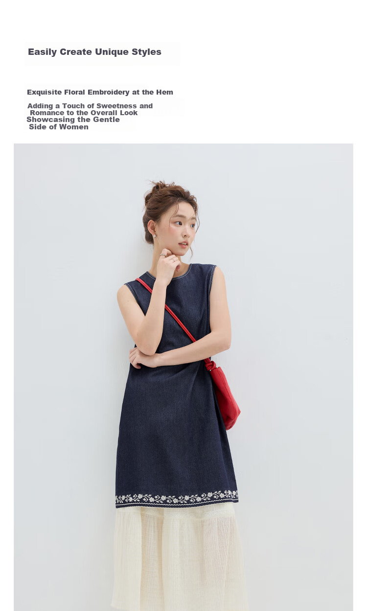 Джинсовое платье Giordano, женское, летнее, с вышивкой, круглым вырезом, без рукавов, модель 18465809