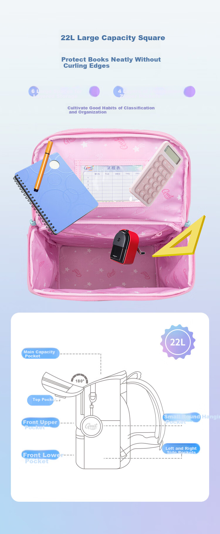 Детский рюкзак Gmt for kids, облегченный, с защитой позвоночника, большой вместимости, для девочек 1-4 классов, с единорогом, розовый