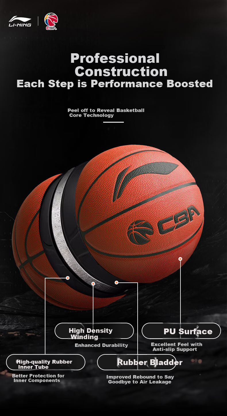 Баскетбольный мяч Li-Ning CBA, размер 5, для детей и школьников, для тренировок и соревнований, износостойкий, для зала и улицы