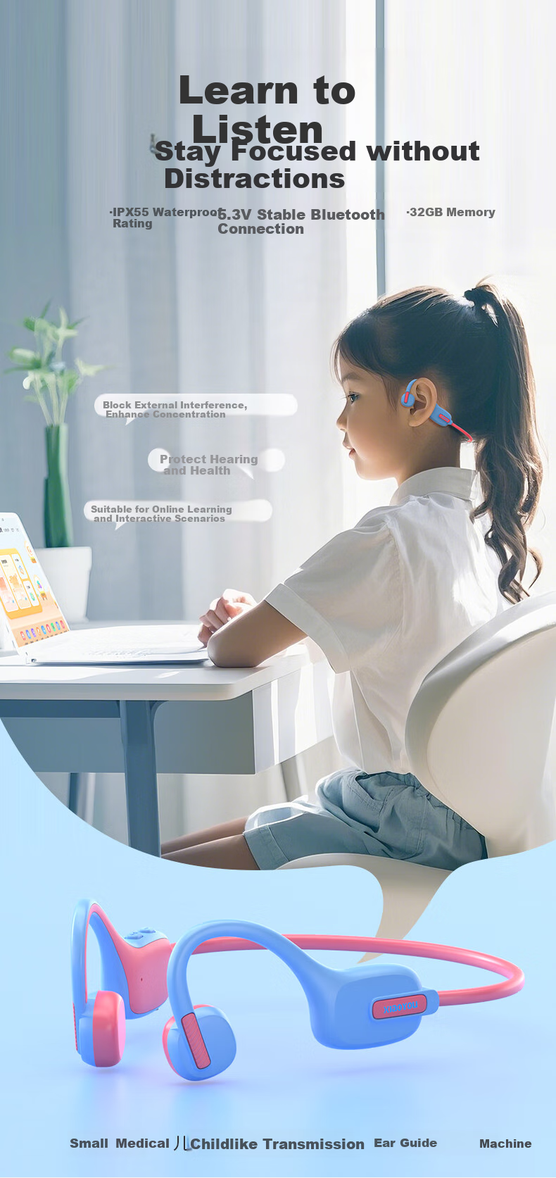 Детские Bluetooth-наушники Xiaoyou Y8, беспроводные, с заушным креплением, не внутриканальные, для онлайн-уроков и обучения студентов