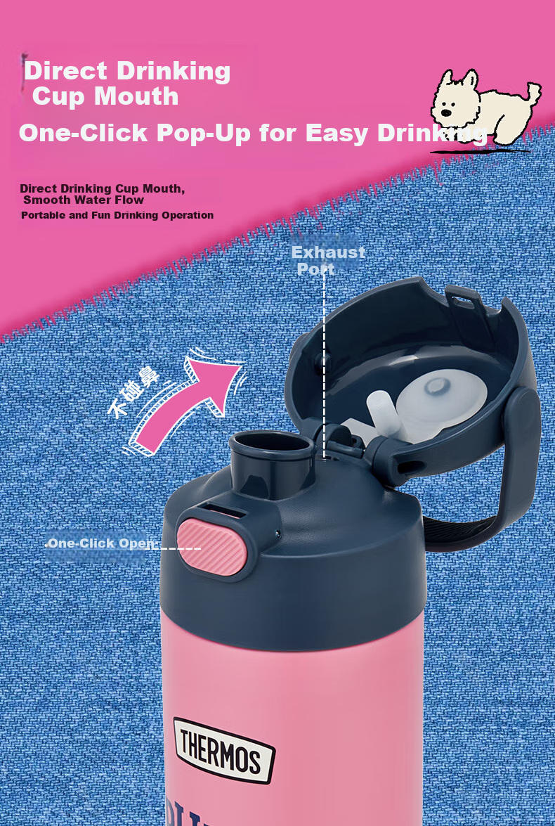 Детская термокружка THERMOS Retro 500 мл, из нержавеющей стали 316L, с прямым питьем, розовая с фиолетовым
