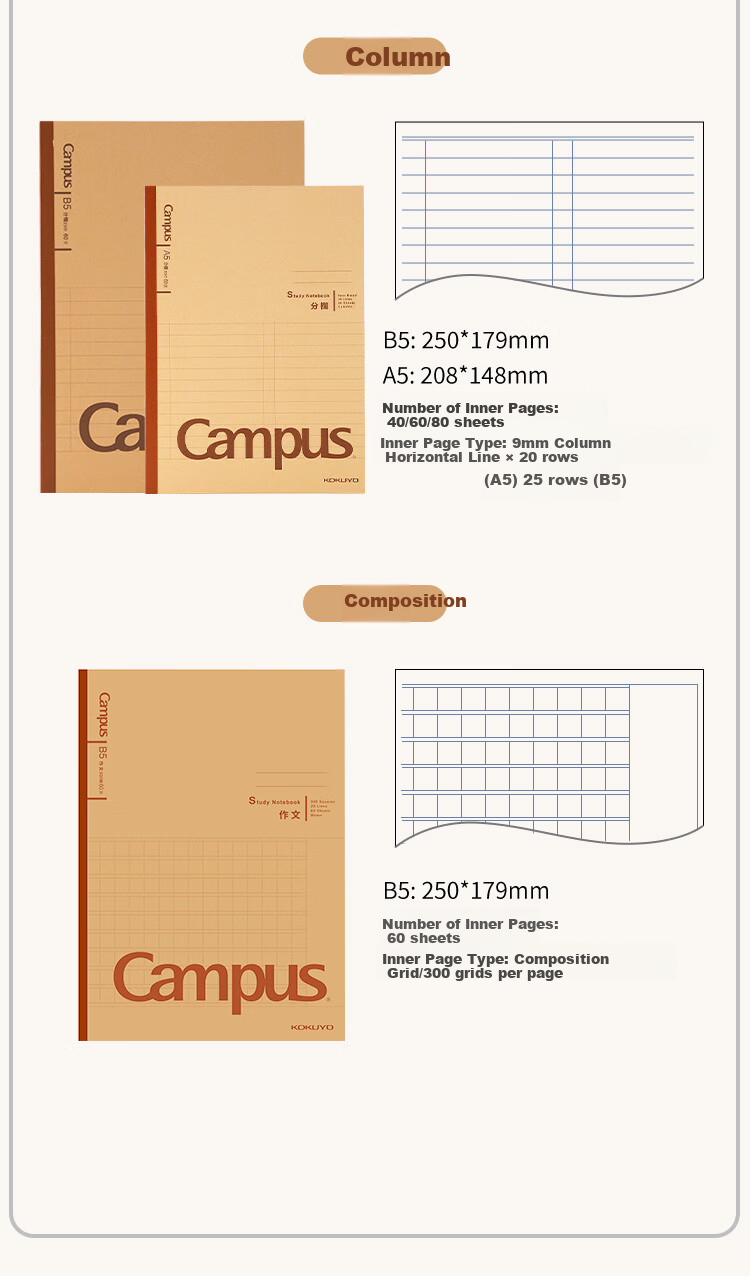 KOKUYO Campus Wireless Binding Notebook, 60 Sheets, 300 Grids, 3-Pack, Kraft Paper Composition Notebook WCN-CNB1669
