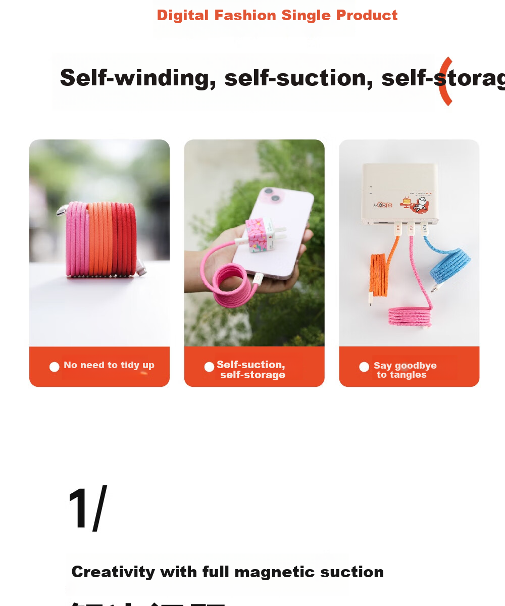 Кабель CANDYSIGN MagTie Full Magnetic Cable Tie 100W USB C-C Оранжевый 1.5м для зарядки Apple iPhone, Кабель данных 5A Быстрая зарядка Кабель для ноутбука