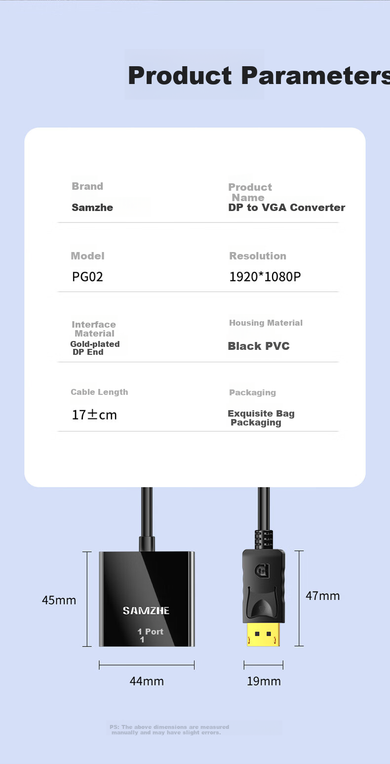 Конвертер SAMZHE DP to VGA PG02, Displayport в VGA, адаптер кабель для настольного компьютера в монитор/проектор, черный