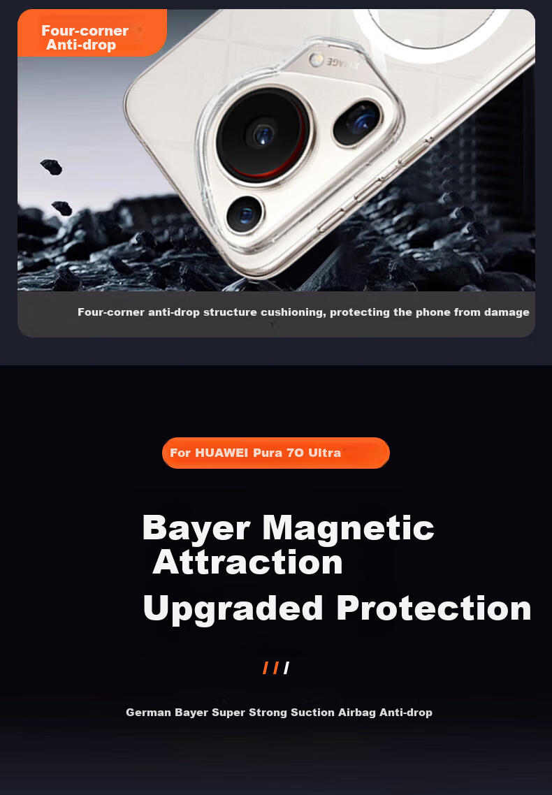 Противоударный чехол KOOLIFE для Huawei Pura70 Ultra, прозрачный, силикон, с магнитом, защита от падений