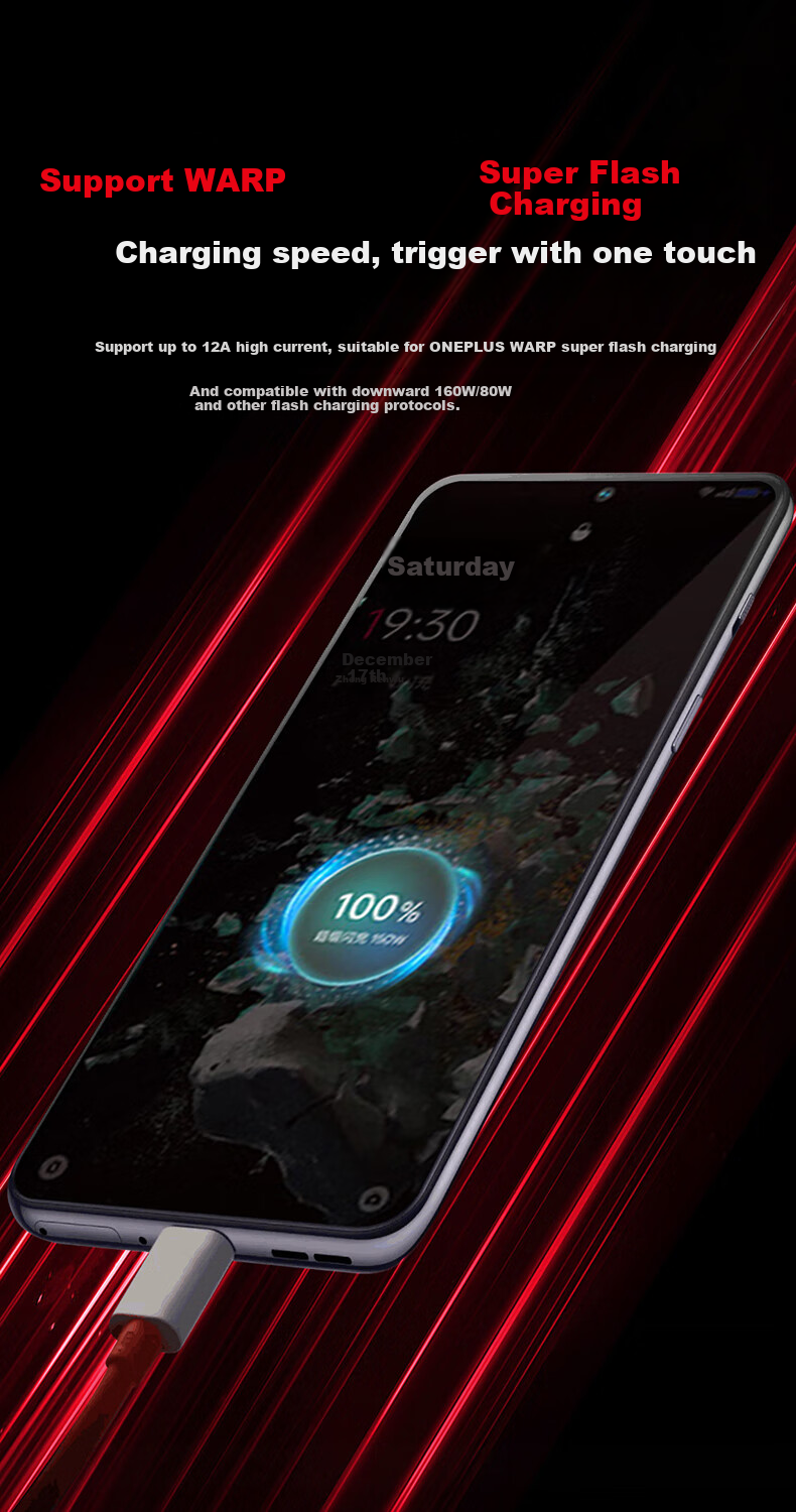 Кабель CangHua Type-C to Type-C, Warp Fast Charging 100W/150W/12A, для OnePlus Ace Pro 15/10/9/8, 1.5 метра, красный
