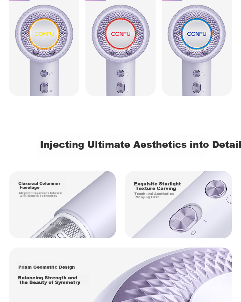 Фен CONFU F9Pro Yulait Purple, 1900 Вт, 50 миллиардов плазменных ионов, защита волос, бытовое использование, быстрая сушка, фиолетовый