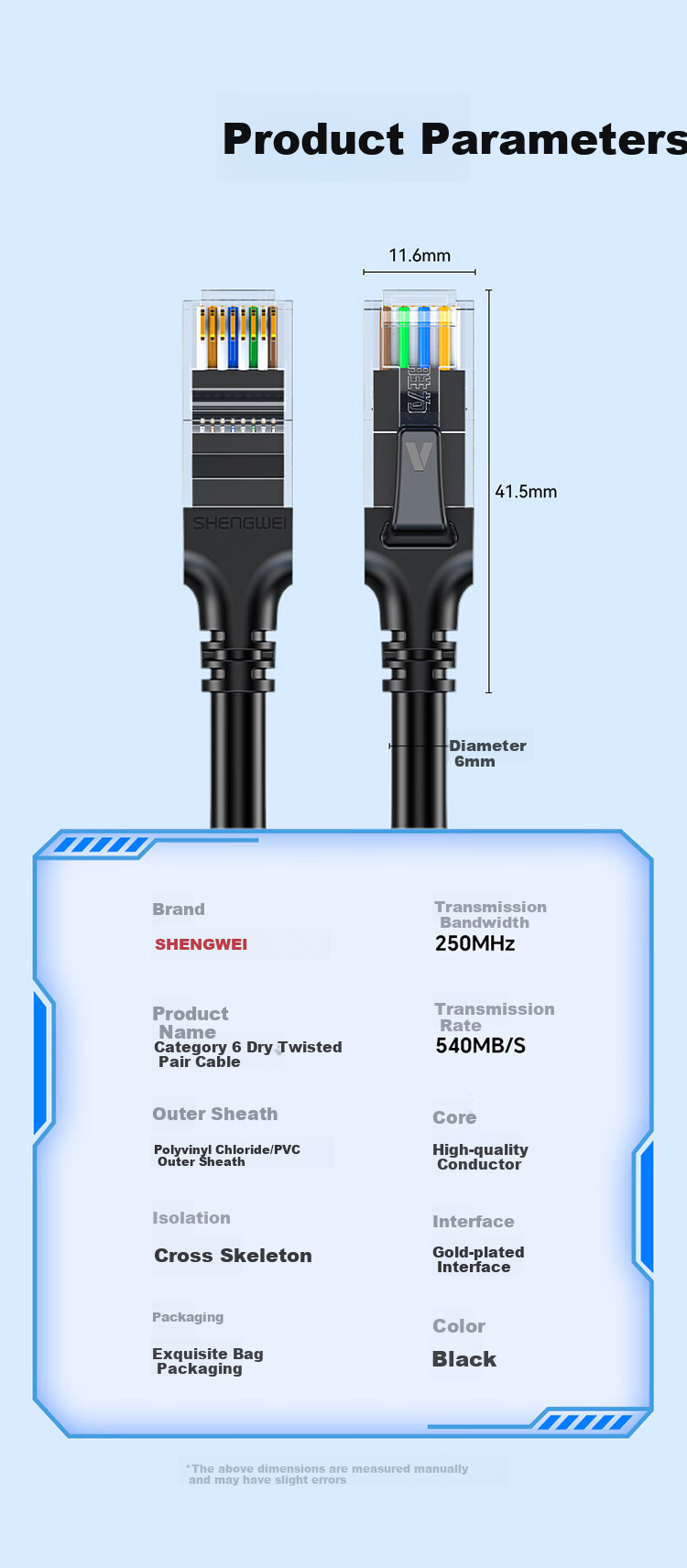 Сетевой кабель Shengwei CAT6 Gigabit Ethernet, высокоскоростной широкополосный сетевой кабель для мониторинга, маршрутизатора, домашнего использования, готовый патч-корд, 8-жильный витой кабель, черный, 0.15 метра
