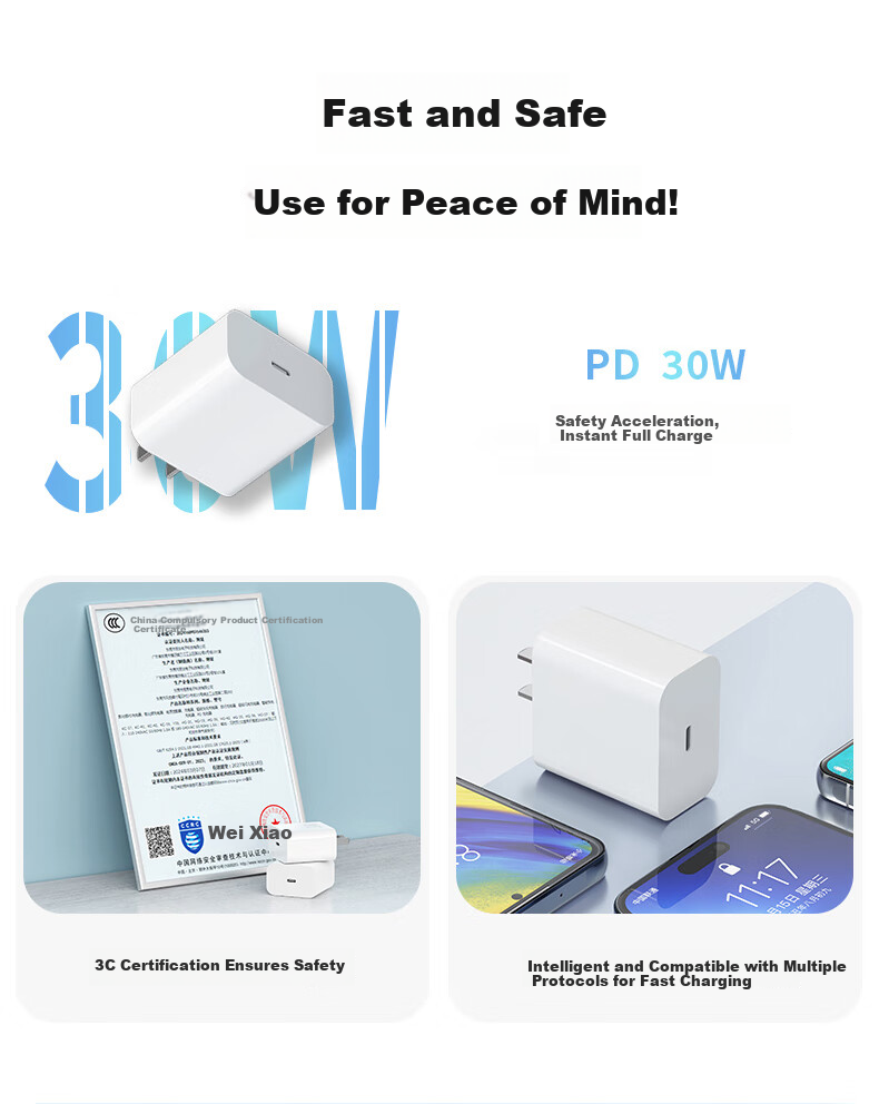 Зарядное устройство KY Gallium Nitride 30W Fast Charging Set для iPhone 15/16/Pro/Max/Plus/Air, с кабелем USB Type-C