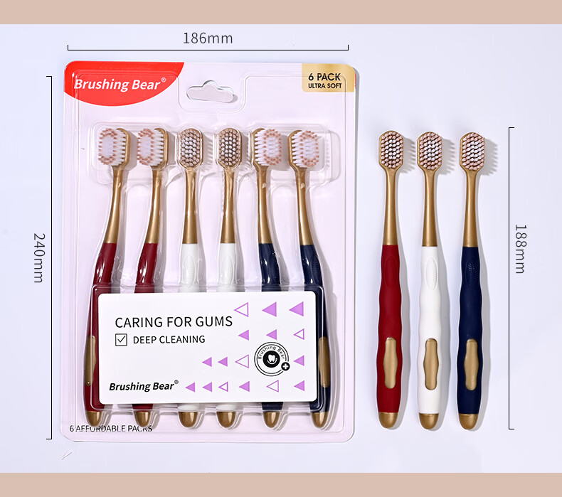 Зубная щетка BRUSHING BEAR Sam's Club, мягкая щетина, широкая головка, защита десен, семейная упаковка для взрослых, 6 шт.