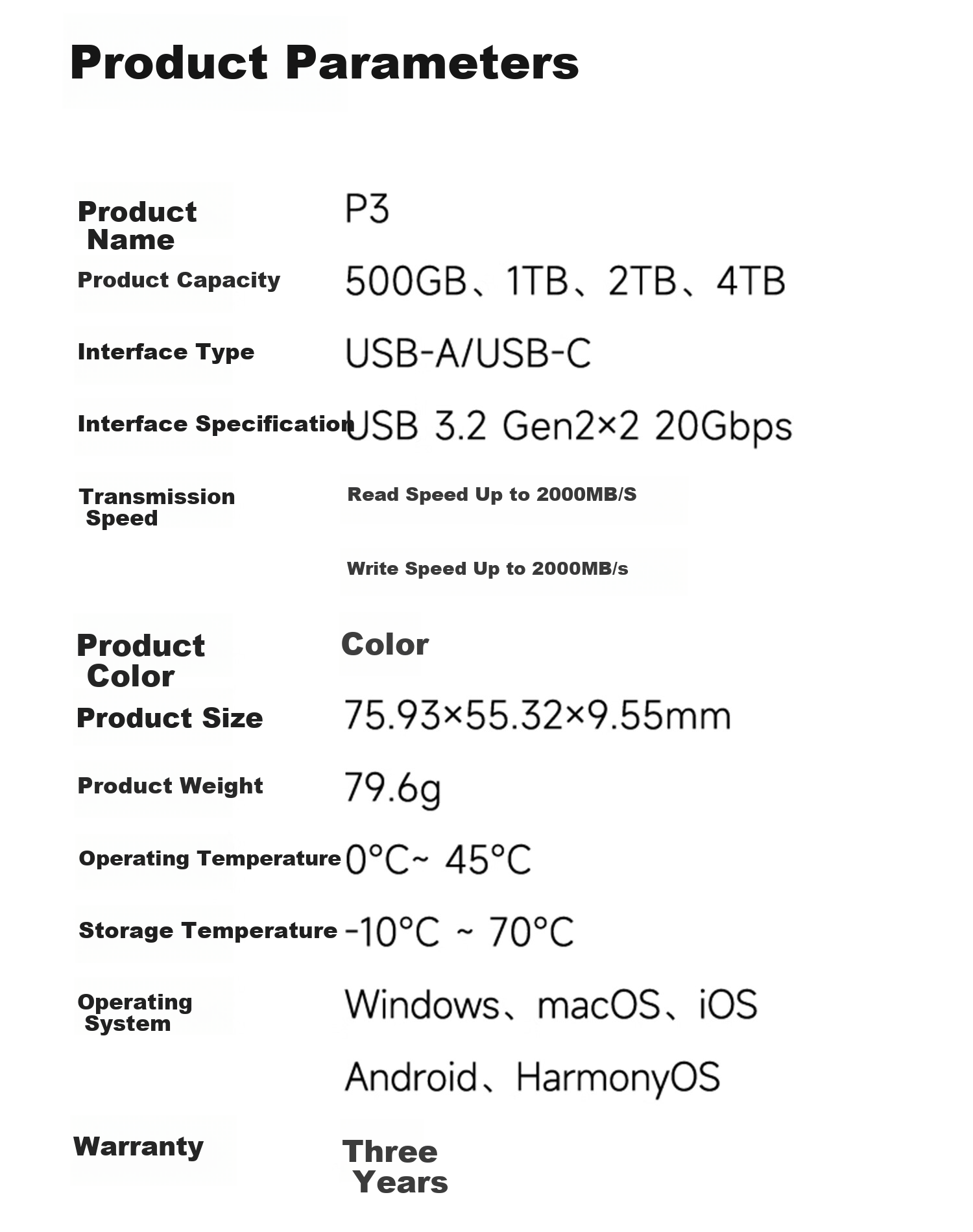 Портативный SSD-накопитель Aigo P3 Type-C USB3.2, 2 ТБ, скорость чтения/записи до 2000 МБ/с, прозрачный, для телефона и компьютера