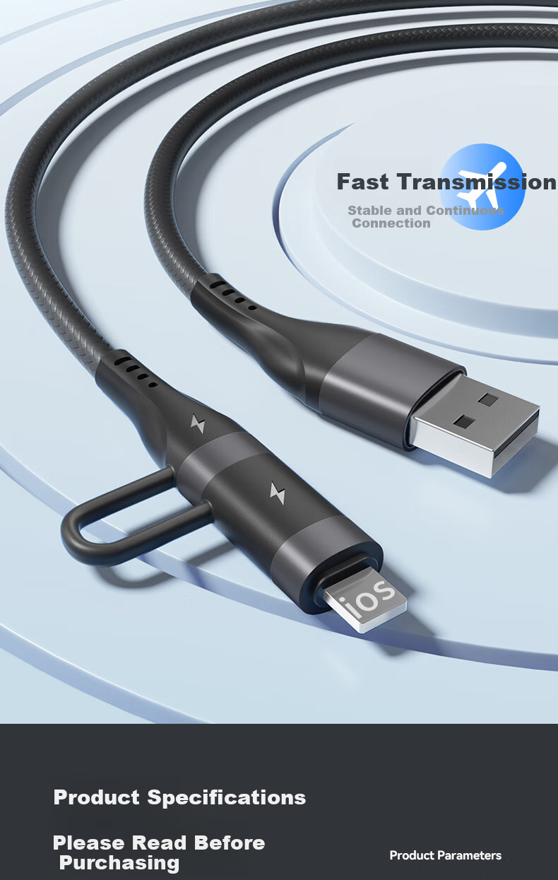Zitai Универсальный кабель 4-в-1, 1 метр, черный, PD 60W, для iPhone, Huawei, Xiaomi, Honor