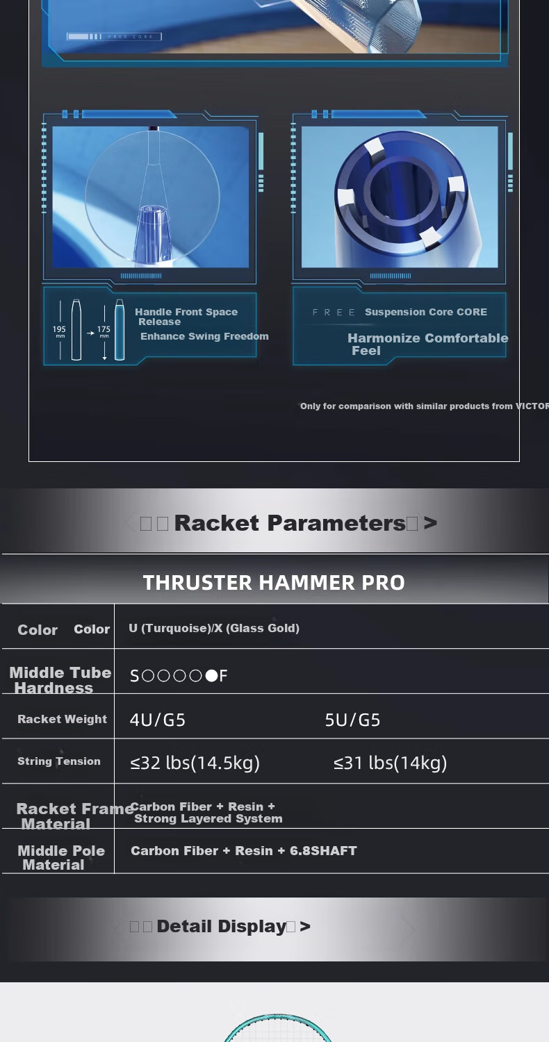 Бадминтонная ракетка VICTOR, Victory Iron Hammer Carbon Fiber Single Racket, TK-HMR PRO, Ruby Gold 4U, предварительно натянутая