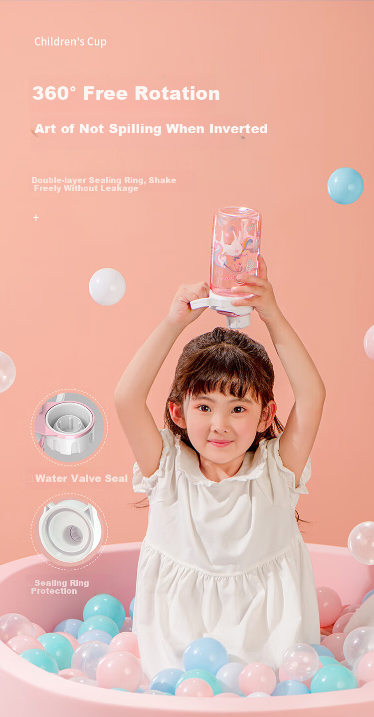Детская бутылка для воды JEKO&JEKO 450 мл, с трубочкой, для школы и спорта, с ручкой, дизайн "Единорог"