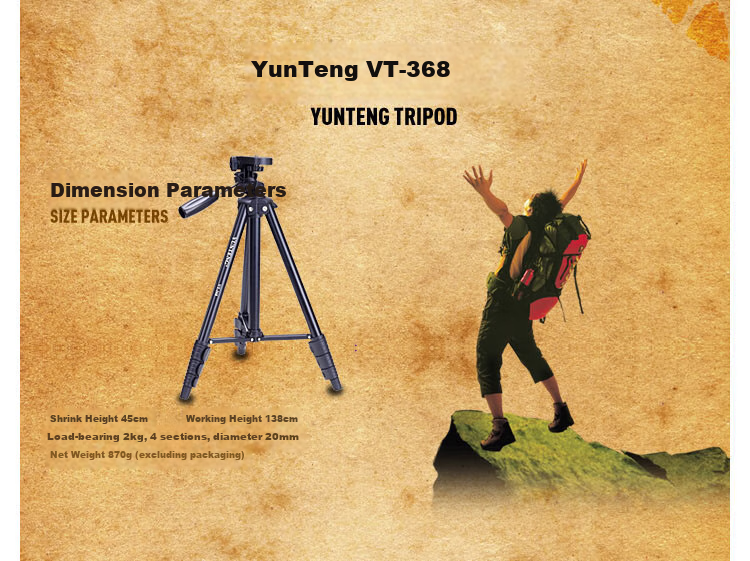 Штатив YUNTENG VT-368 Premium Portable Tripod + Ball Head, для беззеркальных цифровых камер и видеокамер, селфи и путешествий, высококачественный алюминиевый сплав, ультралегкий штатив черный