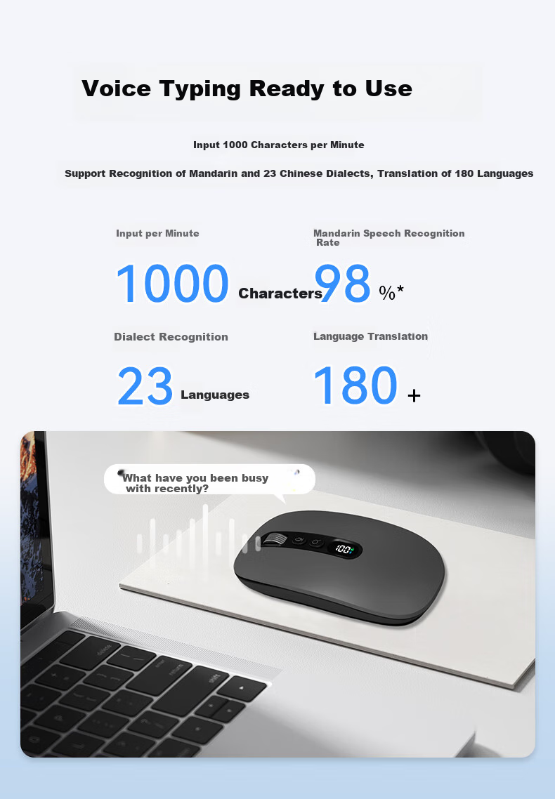 VENFISH AI Smart Voice Mouse, беспроводная Bluetooth-мышь с цифровым дисплеем, перезаряжаемая, серая