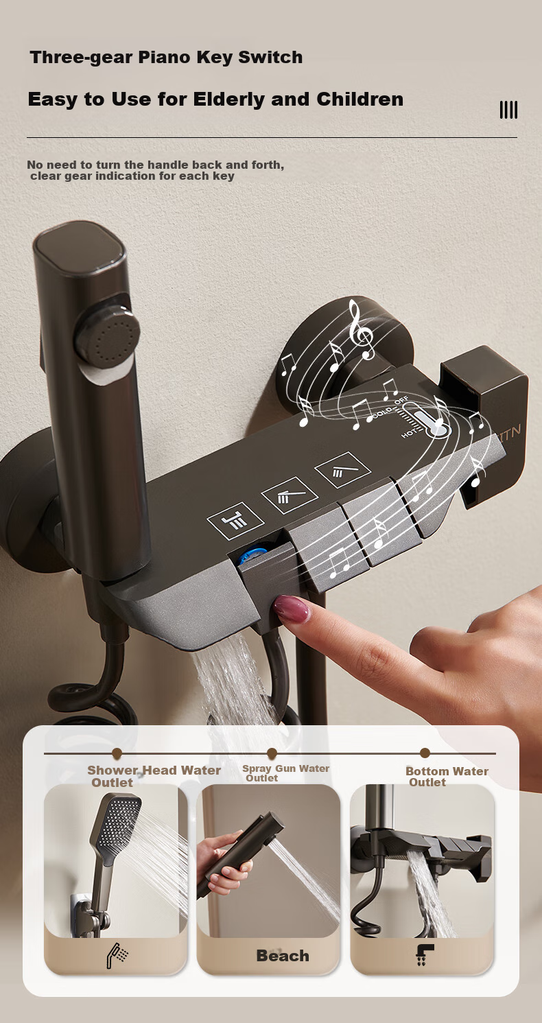 Душевой гарнитур BSITN Piano Key, без верхнего душа, простая система для ванной комнаты с напорной душевой лейкой, полный комплект, серый B1049