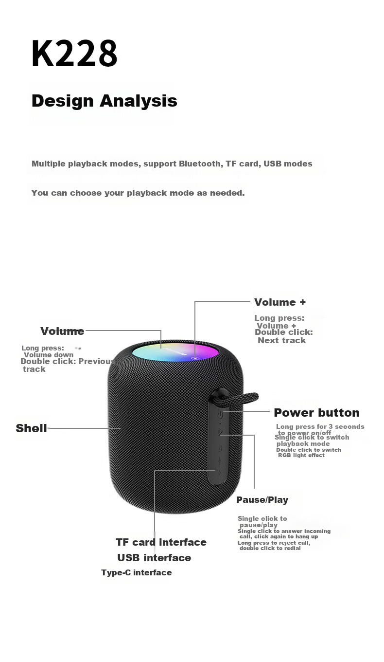 Портативная Bluetooth-колонка Newmine K228, мини-аудиосистема с усиленными басами, высококачественный звук для дома и улицы, с TF-картой, подарок