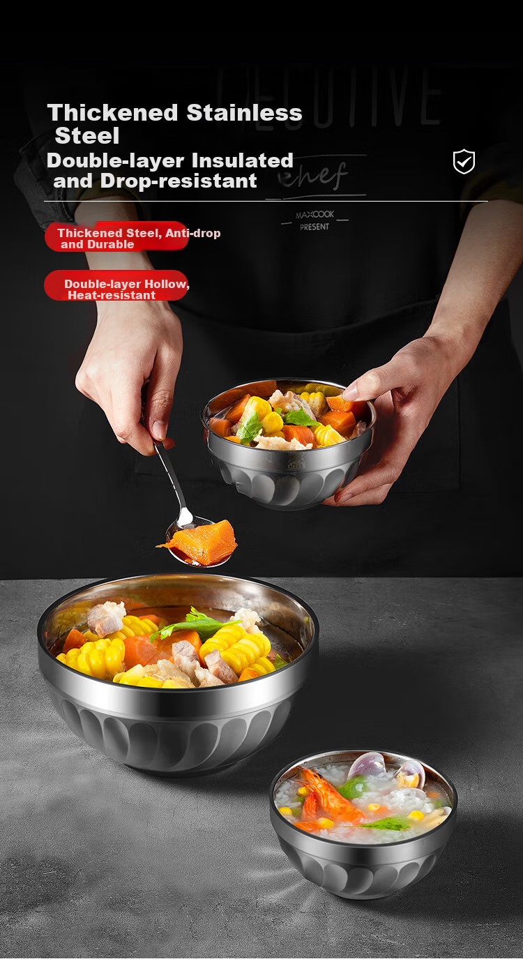 Maxcook Миска из нержавеющей стали, 20 см, большая суповая миска, двойная термостойкая миска MCWA-101