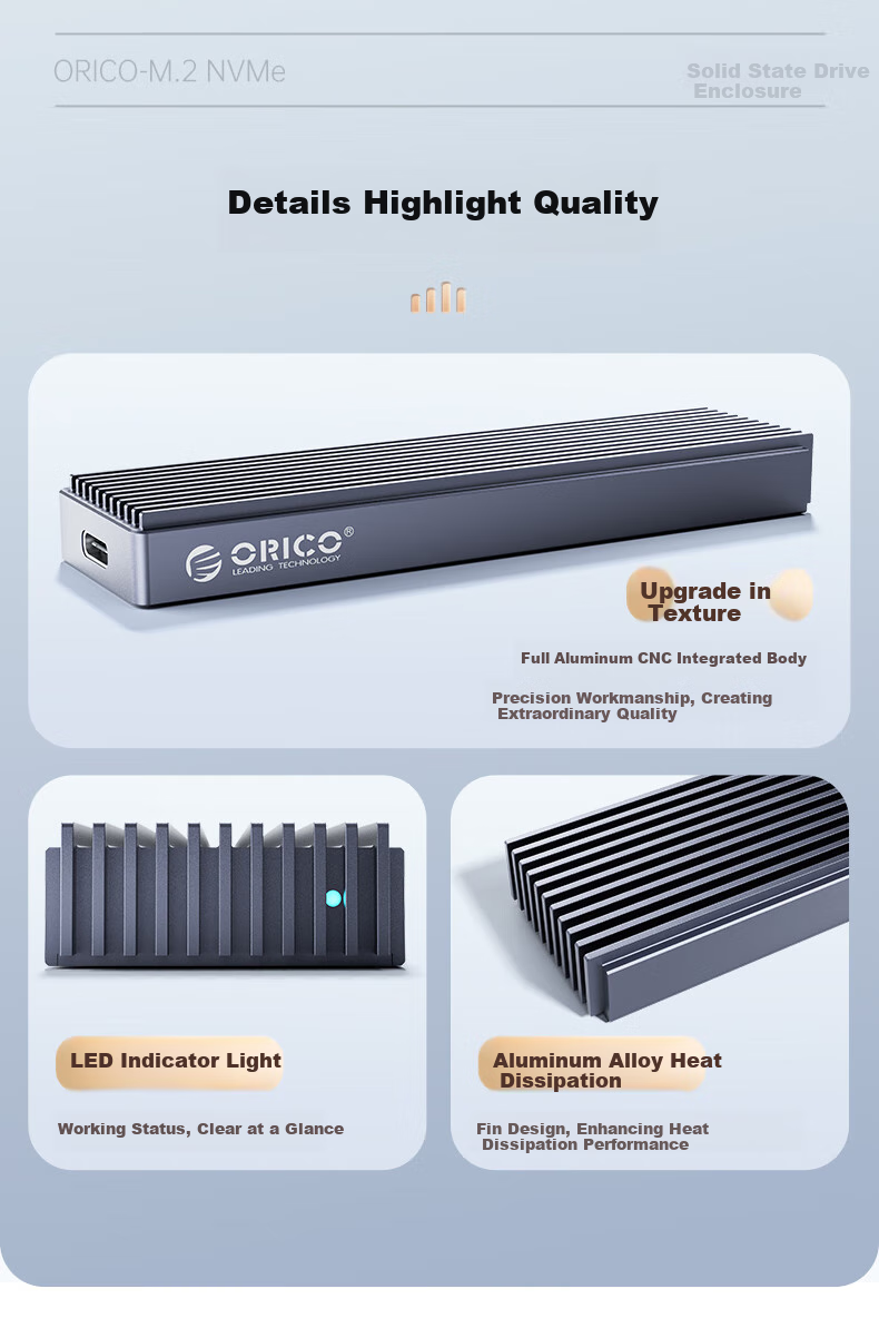 Внешний корпус ORICO M.2 NVMe SSD 10Gbps Type-C, алюминиевый, M2PJ