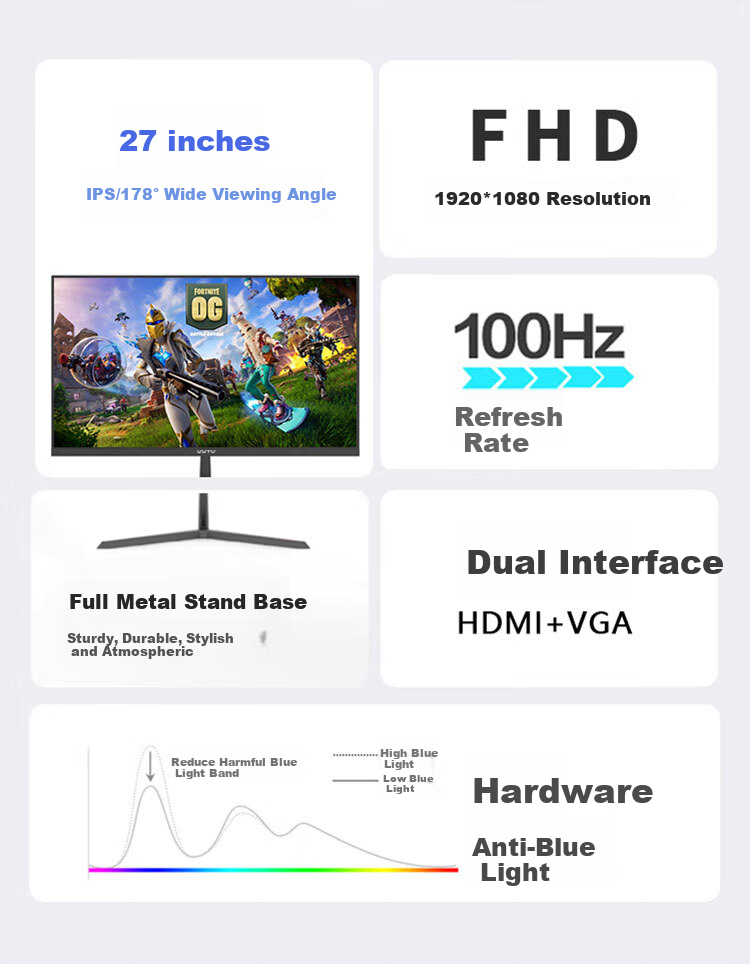 Монитор KKTV KN27FI 27 дюймов, IPS, 1920x1080, 100 Гц, плоский экран, HDMI, VGA, 1 год гарантии