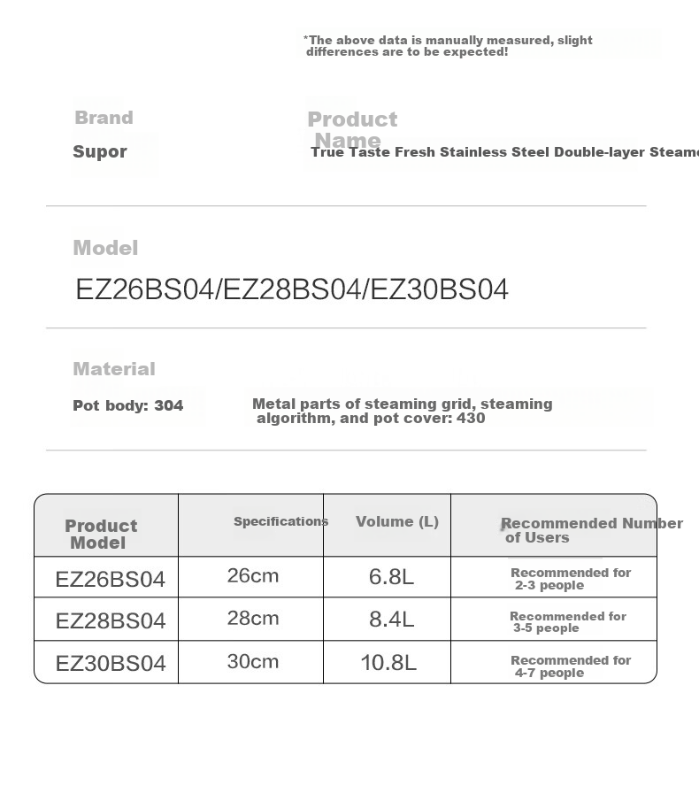 Пароварка SUPOR EZ28BS04, нержавеющая сталь, 28 см, двойная, с приподнятой крышкой