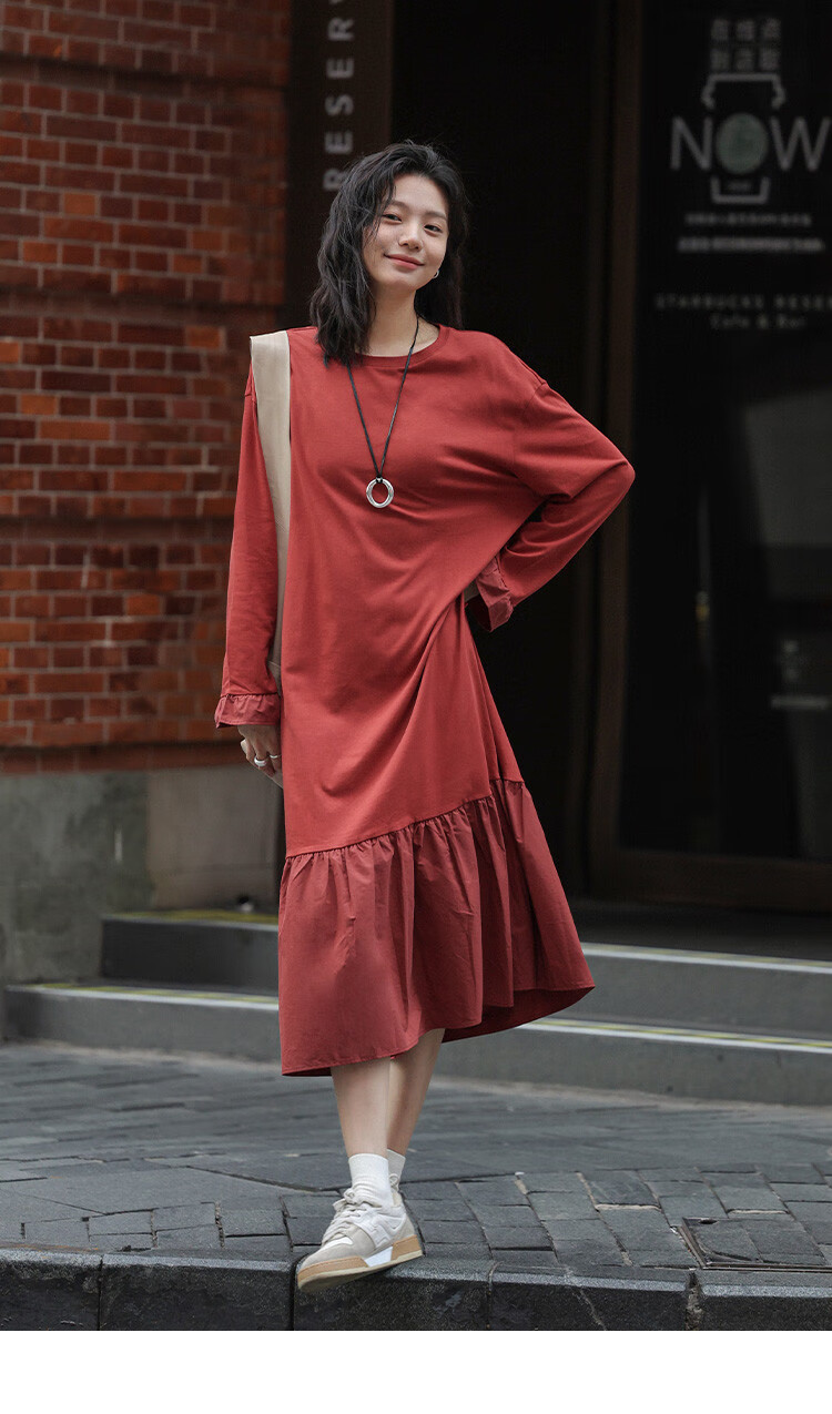 Платье Demana 2025 Spring Basic Versatile Patchwork Hem Crew Neck Pullover Long Sleeve Long Dress, размер S, кирпично-красный