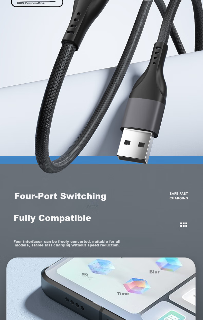 Zitai Универсальный кабель 4-в-1, 1 метр, черный, PD 60W, для iPhone, Huawei, Xiaomi, Honor
