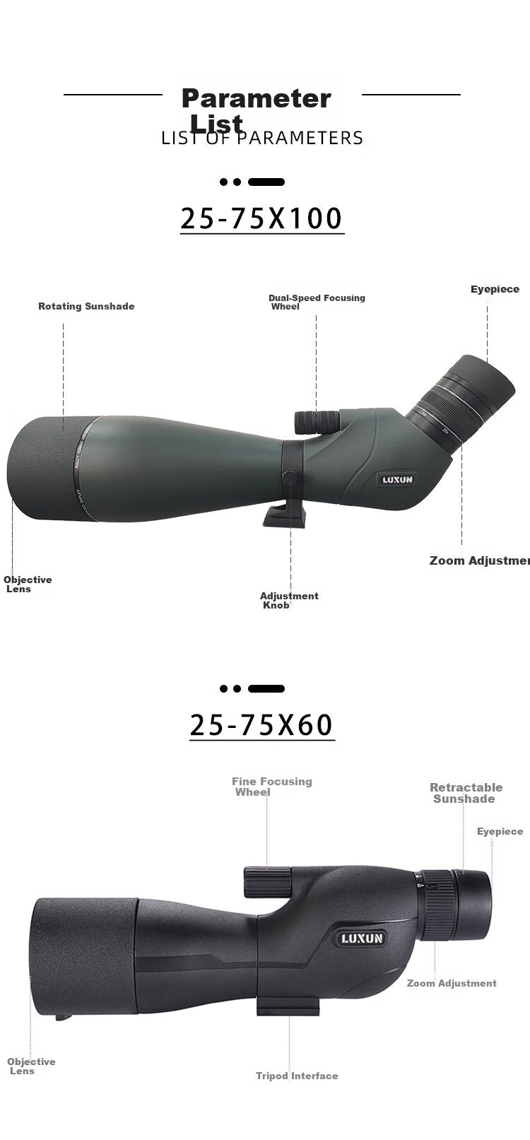 Монокуляр LUXUN 25-75x60, высококачественный, с зумом, для наблюдения за птицами, охоты, концертов и астрономии