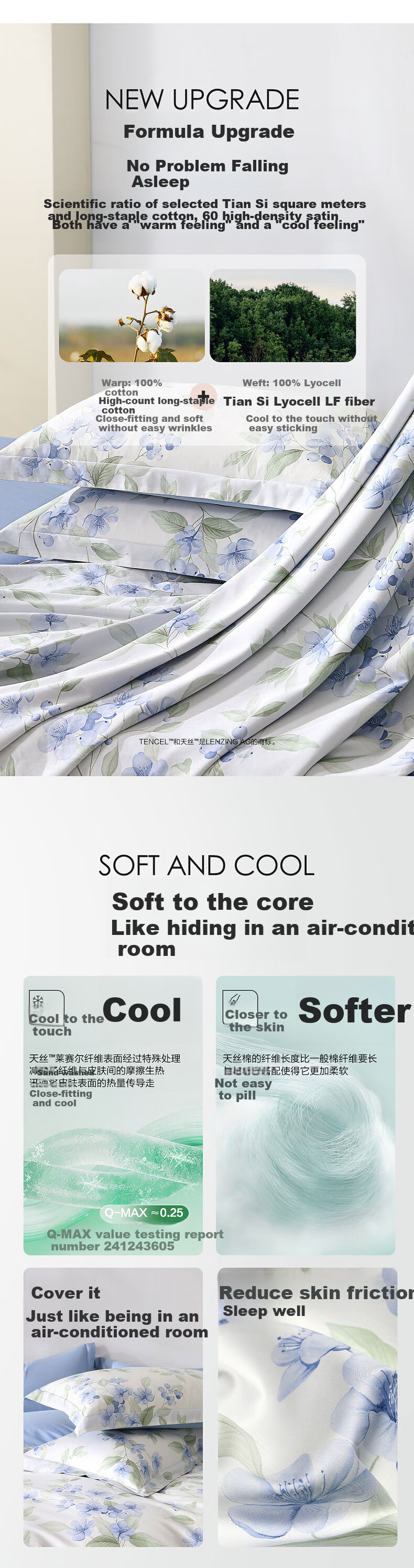 Комплект постельного белья Shuixingjiafang, 4 предмета, 60 нитей Tencel™ Cotton, пододеяльник из лиоцелла, простыня для двуспальной кровати 1.5 м, цветочный принт "Цветочный дождь"